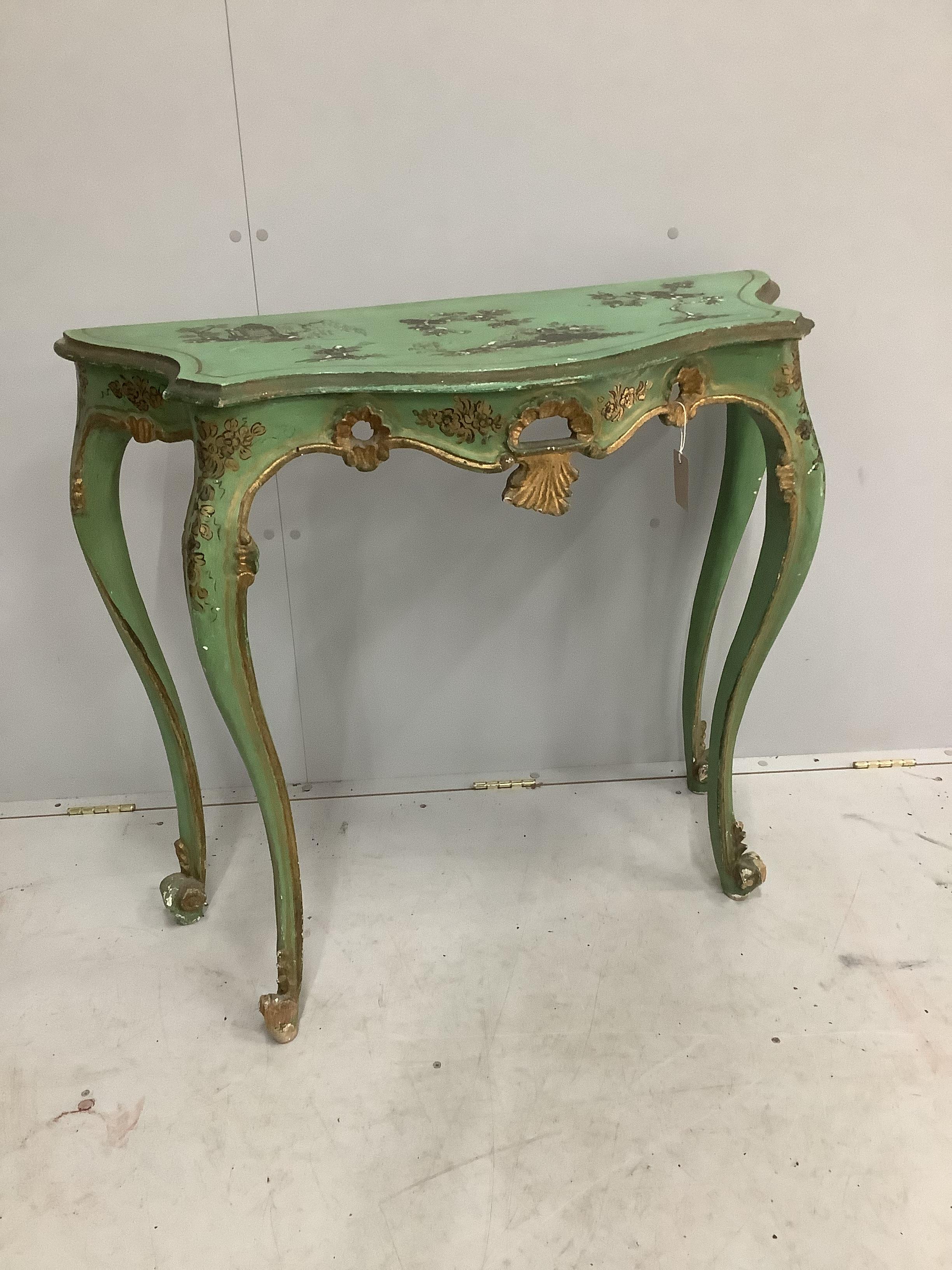 An early 20th century chinoiserie lacquer and green painted serpentine console table, width 93cm, depth 36cm, height 86cm